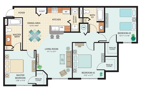Three-Bedroom Floor Plan at Kensington Gardens Affordable Apartments in Riverview FL